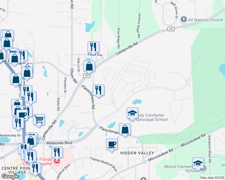 map of restaurants, bars, coffee shops, grocery stores, and more near 2752 Crestline Road in Tallahassee