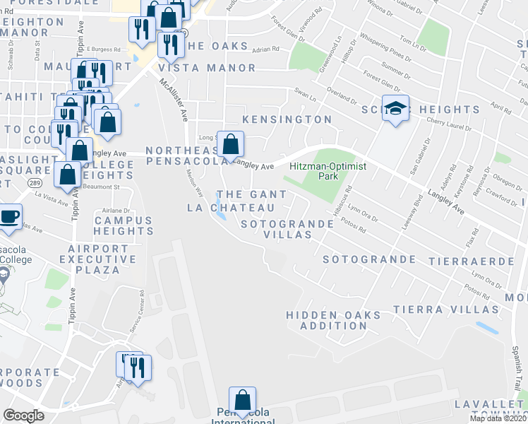 map of restaurants, bars, coffee shops, grocery stores, and more near 6101 Alicia Drive in Pensacola