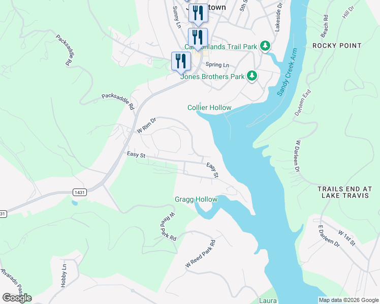 map of restaurants, bars, coffee shops, grocery stores, and more near 18204 Easy Street in Jonestown