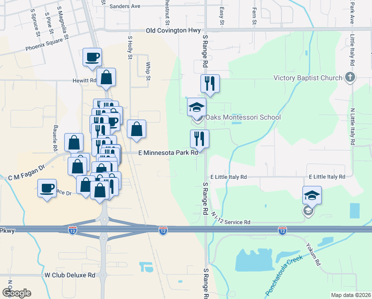 map of restaurants, bars, coffee shops, grocery stores, and more near 16218 East Minnesota Park Road in Hammond