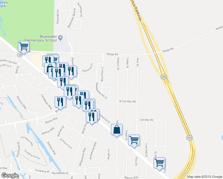 map of restaurants, bars, coffee shops, grocery stores, and more near 148 Meadowbrook Court in Niceville