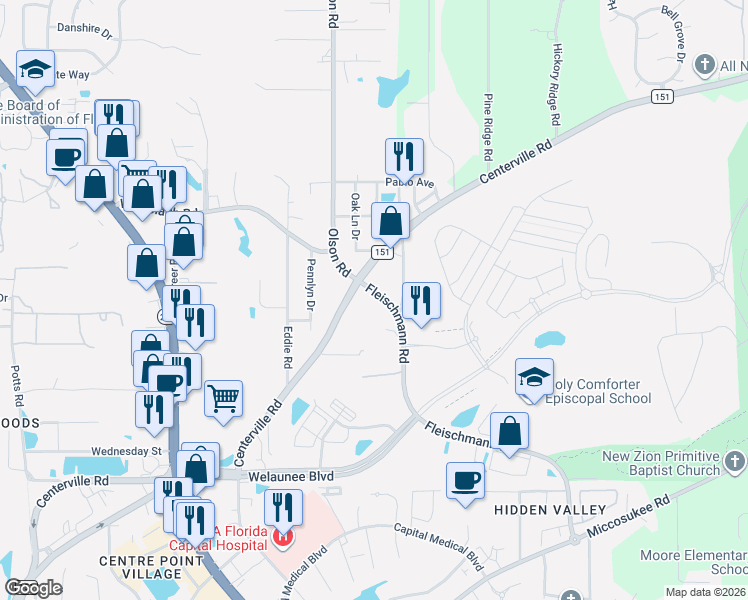 map of restaurants, bars, coffee shops, grocery stores, and more near 2176 Willie Gaphney Lane in Tallahassee