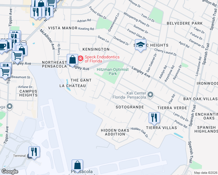 map of restaurants, bars, coffee shops, grocery stores, and more near 3795 Potosi Road in Pensacola