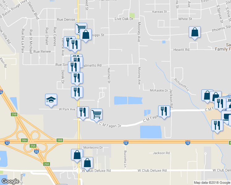 map of restaurants, bars, coffee shops, grocery stores, and more near 1502-1503 Natchez Street in Hammond