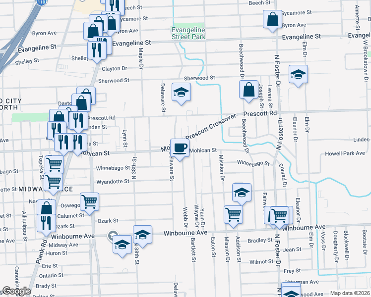 map of restaurants, bars, coffee shops, grocery stores, and more near 4050 Mohican Street in Baton Rouge
