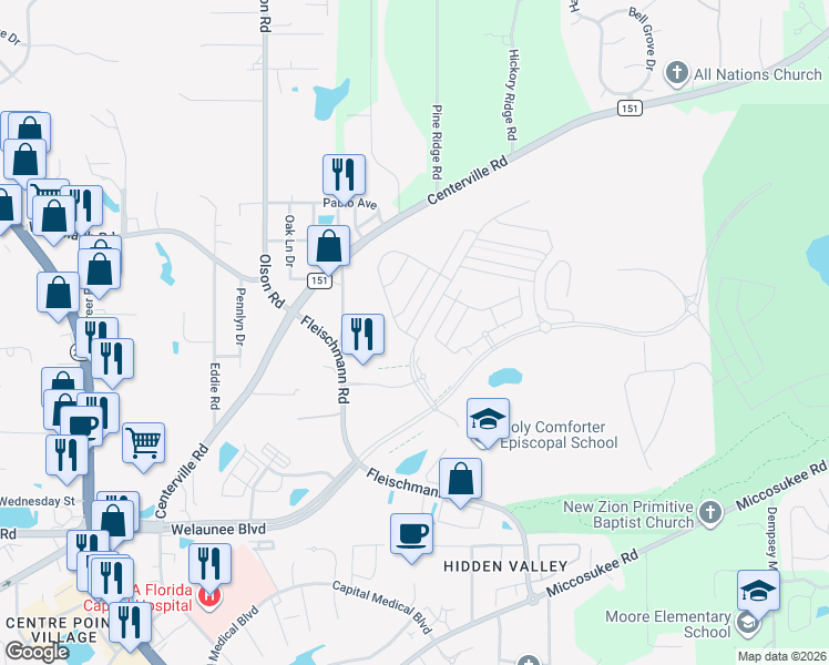 map of restaurants, bars, coffee shops, grocery stores, and more near 2756 Crestline Road in Tallahassee