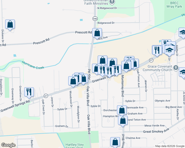 map of restaurants, bars, coffee shops, grocery stores, and more near 9007 Greenwell Springs Road in Baton Rouge