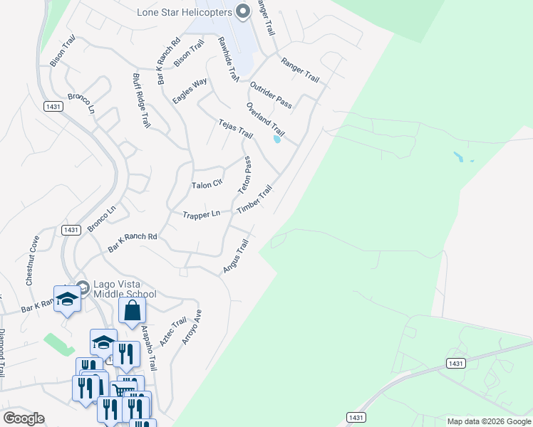map of restaurants, bars, coffee shops, grocery stores, and more near 8412 Angus Trail in Leander