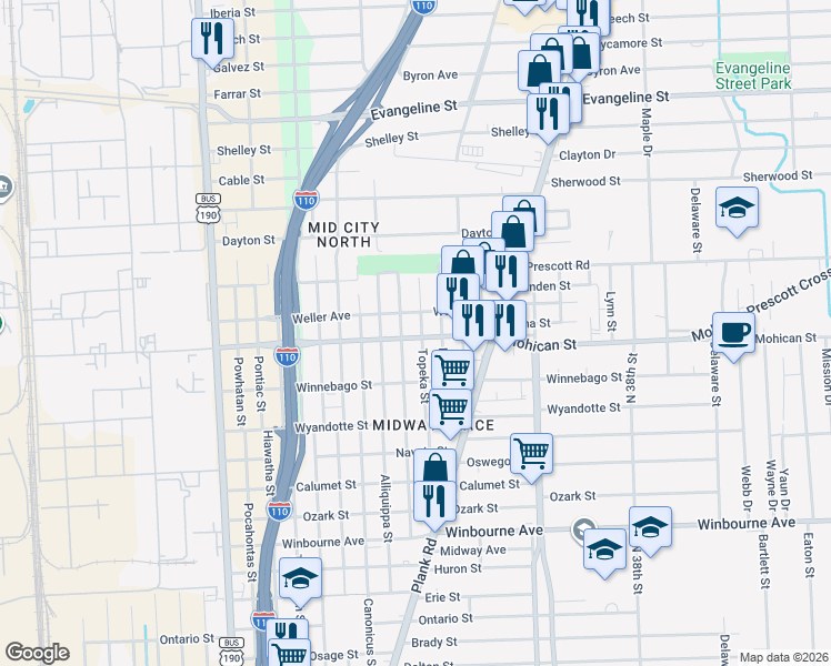 map of restaurants, bars, coffee shops, grocery stores, and more near 3884 Topeka Street in Baton Rouge