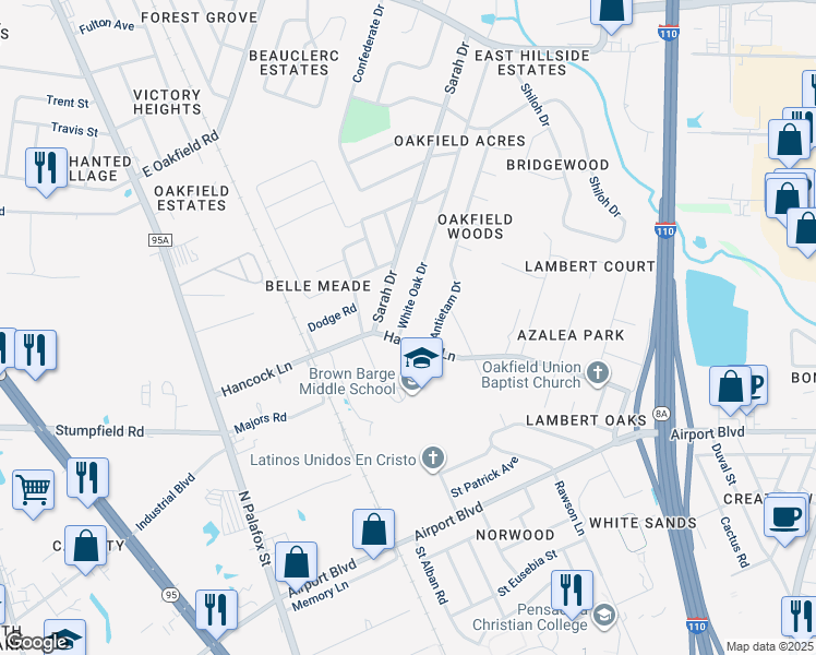 map of restaurants, bars, coffee shops, grocery stores, and more near 6202 White Oak Drive in Pensacola