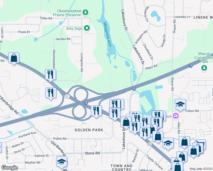 map of restaurants, bars, coffee shops, grocery stores, and more near 864 Meginnis Lane in Tallahassee