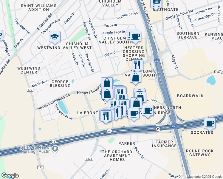 map of restaurants, bars, coffee shops, grocery stores, and more near 200 Sundance Parkway in Round Rock