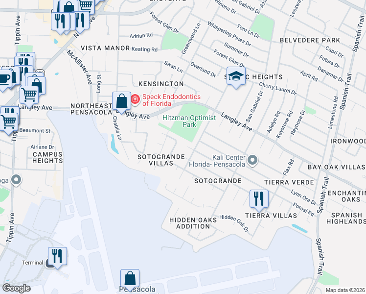 map of restaurants, bars, coffee shops, grocery stores, and more near 3795 Potosi Road in Pensacola