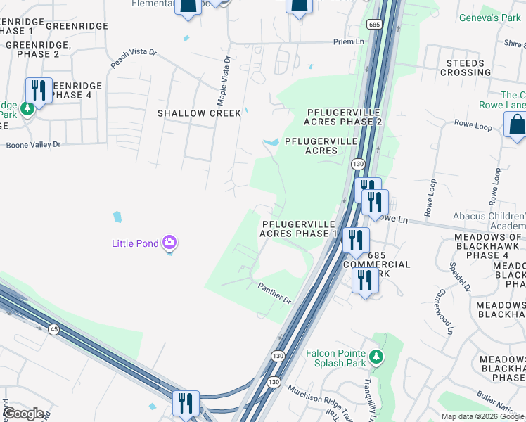 map of restaurants, bars, coffee shops, grocery stores, and more near 20006 Panther Drive in Pflugerville