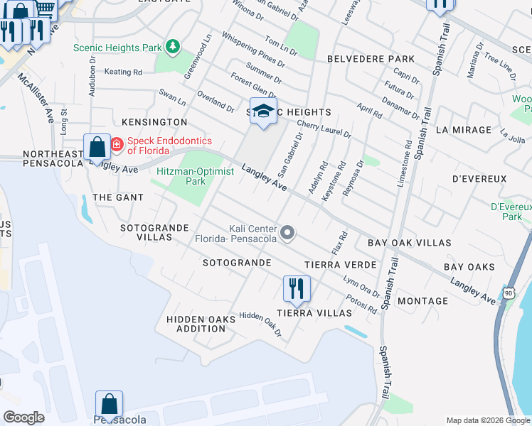 map of restaurants, bars, coffee shops, grocery stores, and more near 3965 Kingsberry Drive in Pensacola
