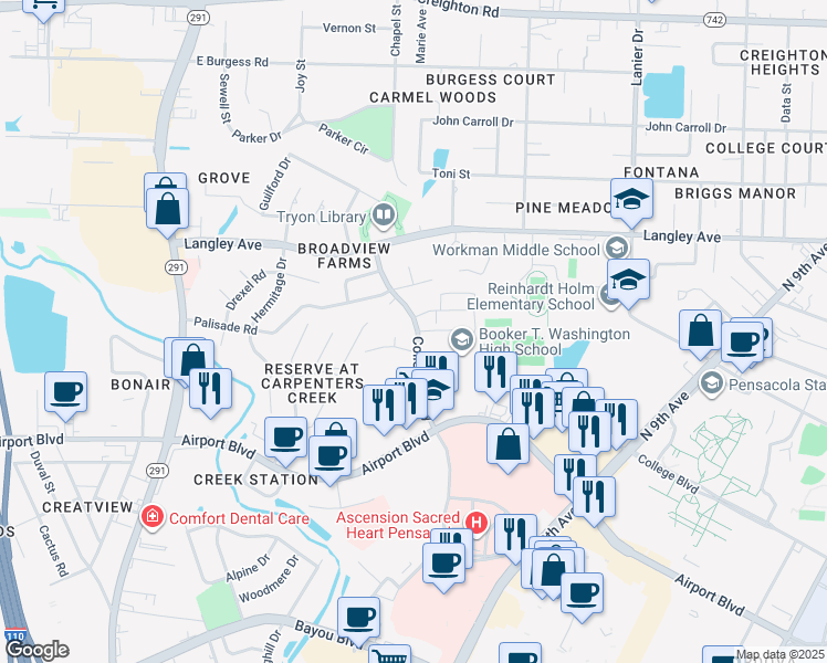 map of restaurants, bars, coffee shops, grocery stores, and more near 6101 College Parkway in Pensacola
