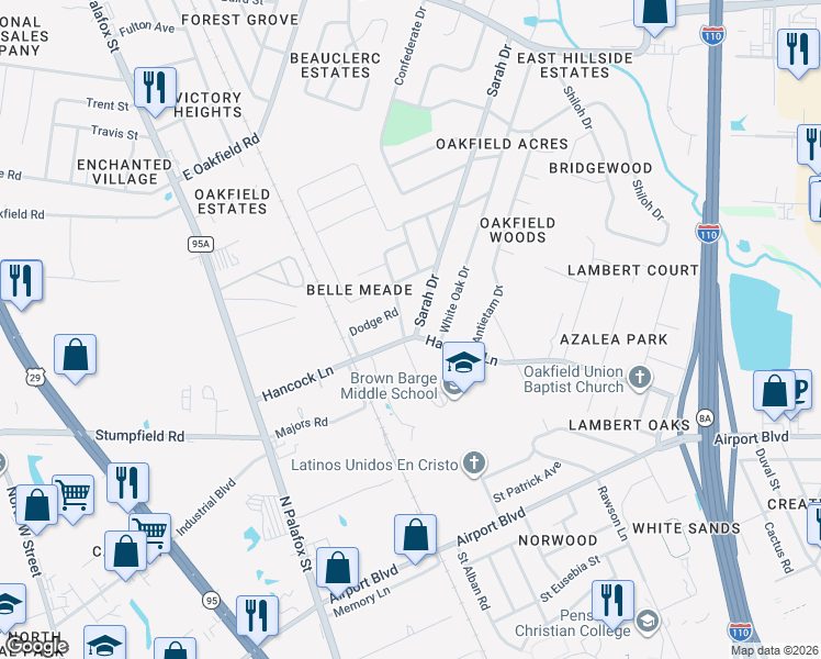 map of restaurants, bars, coffee shops, grocery stores, and more near 6202 White Oak Drive in Pensacola