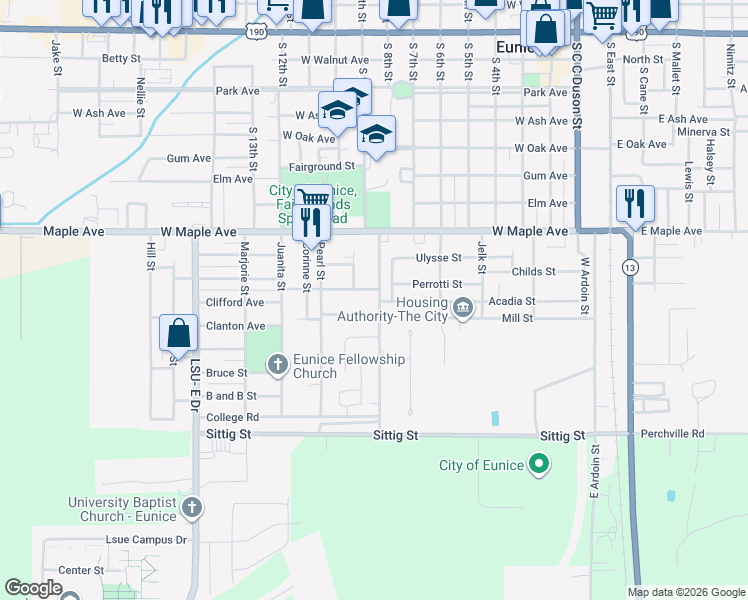 map of restaurants, bars, coffee shops, grocery stores, and more near 100-108 Armide St in Eunice