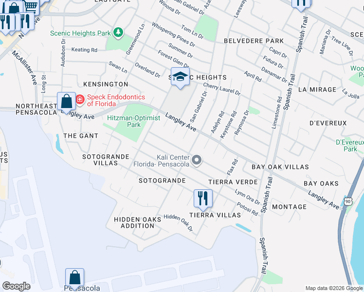 map of restaurants, bars, coffee shops, grocery stores, and more near 3965 Kingsberry Drive in Pensacola