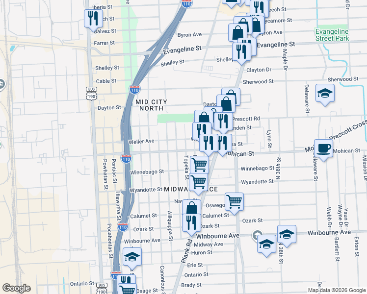 map of restaurants, bars, coffee shops, grocery stores, and more near 3884 Topeka Street in Baton Rouge
