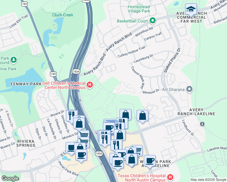 map of restaurants, bars, coffee shops, grocery stores, and more near 9500 N Lake Creek Pkwy in Austin