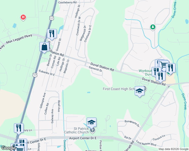 map of restaurants, bars, coffee shops, grocery stores, and more near 298 Conwick Drive in Jacksonville