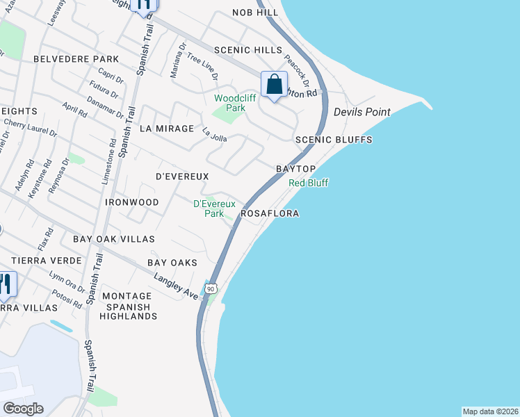 map of restaurants, bars, coffee shops, grocery stores, and more near 6436 Rosaflora Lane in Pensacola