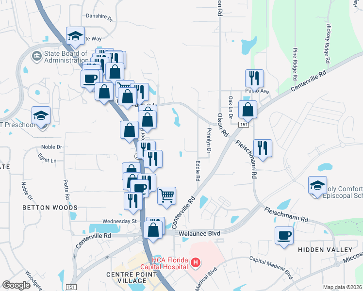 map of restaurants, bars, coffee shops, grocery stores, and more near 2659 Fairmount Lane in Tallahassee
