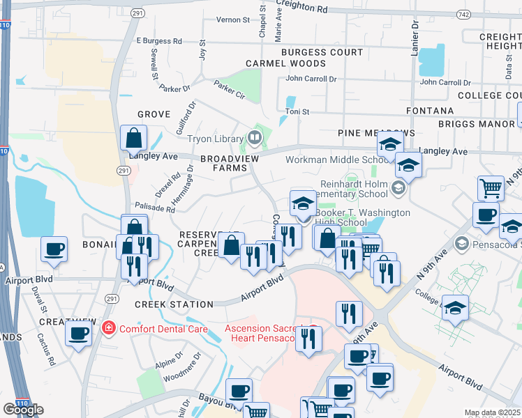 map of restaurants, bars, coffee shops, grocery stores, and more near 6005 College Parkway in Pensacola