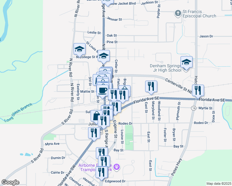 map of restaurants, bars, coffee shops, grocery stores, and more near 126 Fletcher Street in Denham Springs