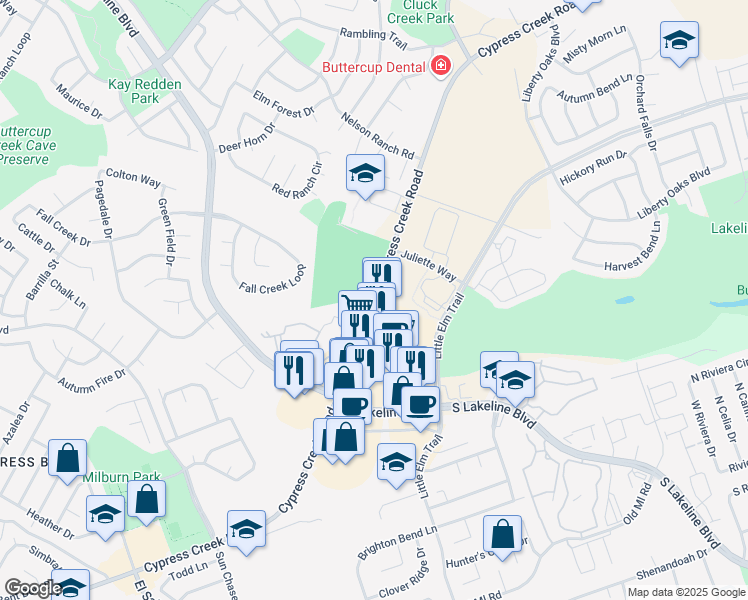 map of restaurants, bars, coffee shops, grocery stores, and more near Cypress Creek Road in Cedar Park