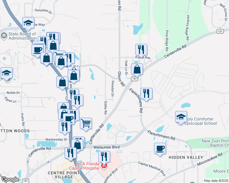 map of restaurants, bars, coffee shops, grocery stores, and more near 2454 Pennlyn Drive in Tallahassee