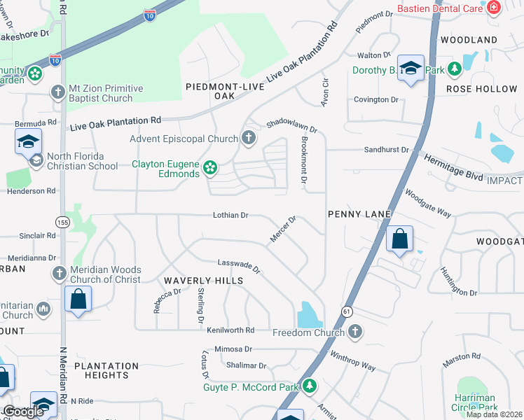 map of restaurants, bars, coffee shops, grocery stores, and more near 1014 Lothian Drive in Tallahassee