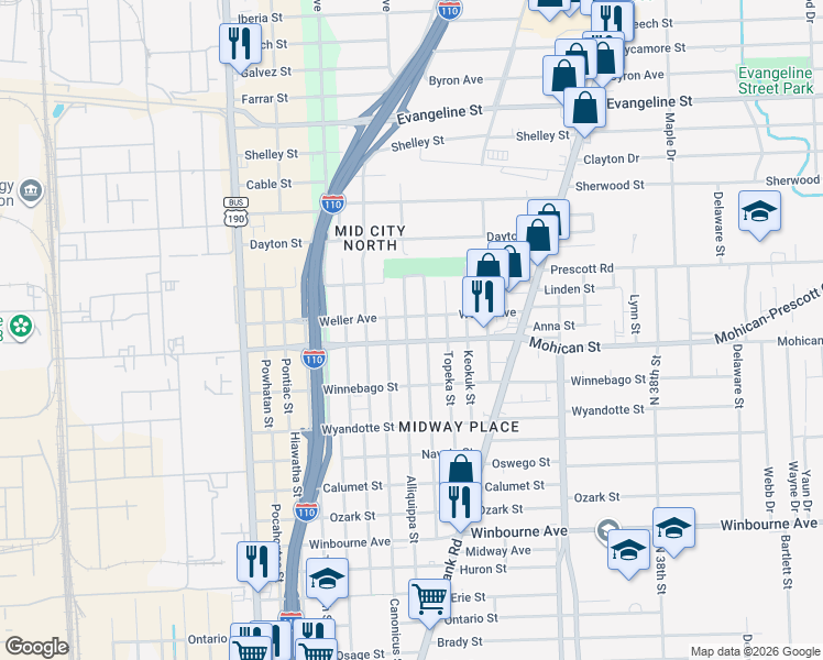 map of restaurants, bars, coffee shops, grocery stores, and more near 3870 Alliquippa Street in Baton Rouge