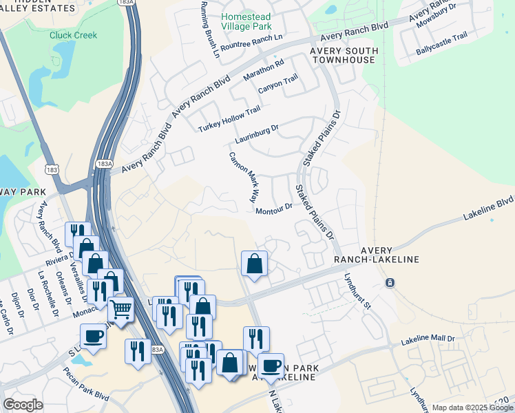map of restaurants, bars, coffee shops, grocery stores, and more near 8213 Cannon Mark Way in Austin
