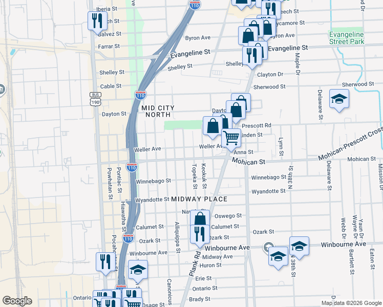 map of restaurants, bars, coffee shops, grocery stores, and more near 3884 Topeka Street in Baton Rouge