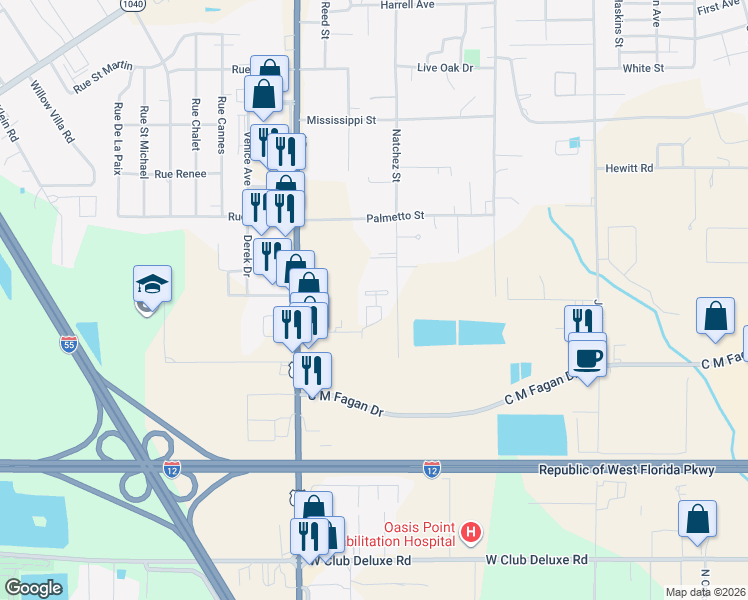 map of restaurants, bars, coffee shops, grocery stores, and more near 414 Windrush Drive in Hammond