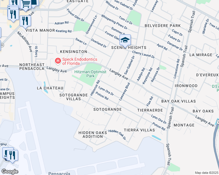 map of restaurants, bars, coffee shops, grocery stores, and more near 3910 Lynn Ora Drive in Pensacola