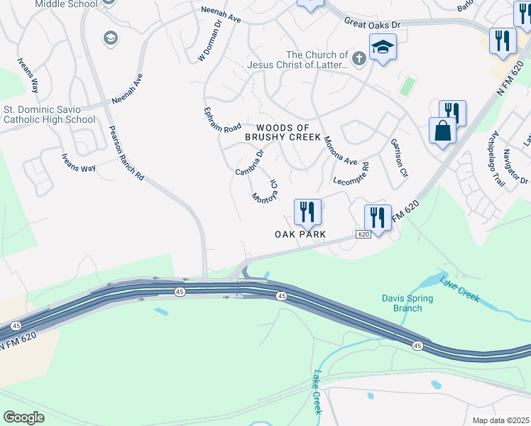 map of restaurants, bars, coffee shops, grocery stores, and more near 15301 Iola Cove in Austin
