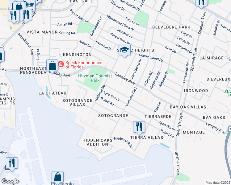map of restaurants, bars, coffee shops, grocery stores, and more near 3910 Lynn Ora Drive in Pensacola