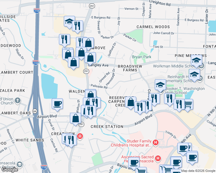 map of restaurants, bars, coffee shops, grocery stores, and more near 1005 Palisade Road in Pensacola