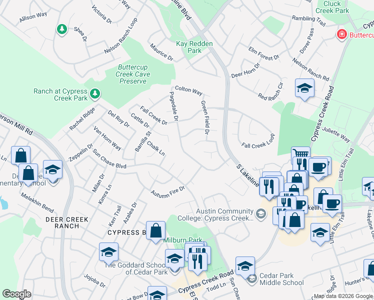 map of restaurants, bars, coffee shops, grocery stores, and more near 1700 Chinati Street in Cedar Park