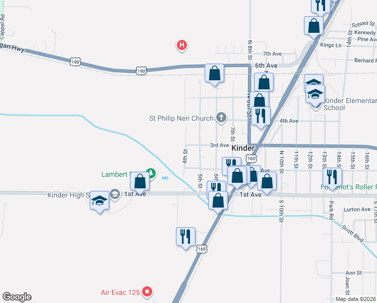 map of restaurants, bars, coffee shops, grocery stores, and more near 205-526 4th Street in Kinder