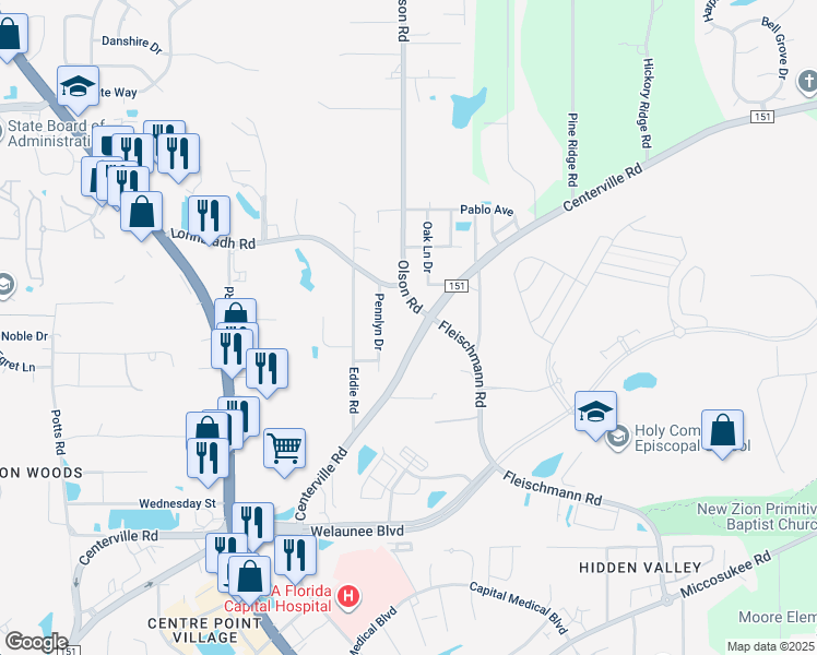 map of restaurants, bars, coffee shops, grocery stores, and more near 2548 Centerville Road in Tallahassee