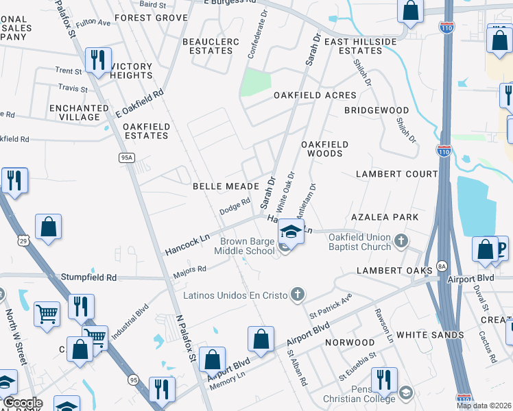 map of restaurants, bars, coffee shops, grocery stores, and more near 5904 Duchess Road in Pensacola
