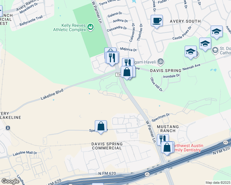 map of restaurants, bars, coffee shops, grocery stores, and more near 9801 West Parmer Lane in Austin
