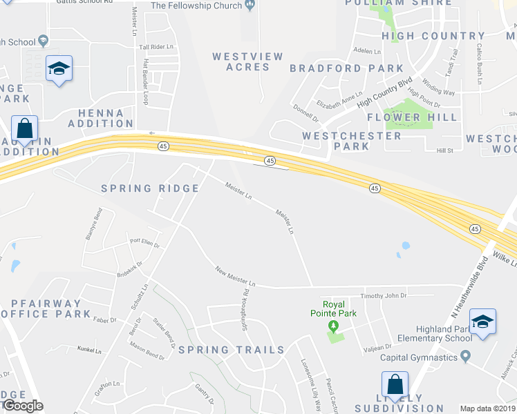 map of restaurants, bars, coffee shops, grocery stores, and more near 1105 Meister Lane in Pflugerville