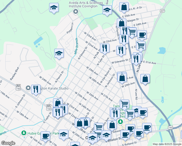 map of restaurants, bars, coffee shops, grocery stores, and more near 801 North Tyler Street in Covington