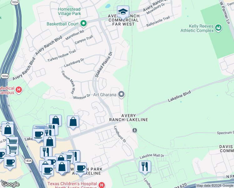 map of restaurants, bars, coffee shops, grocery stores, and more near 13817 Wiregrass Way in Austin