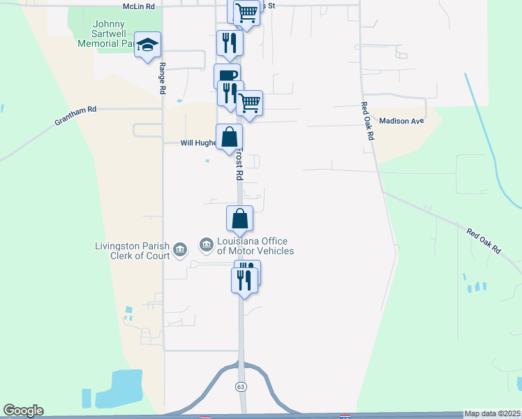 map of restaurants, bars, coffee shops, grocery stores, and more near 29378 South Frost Road in Livingston